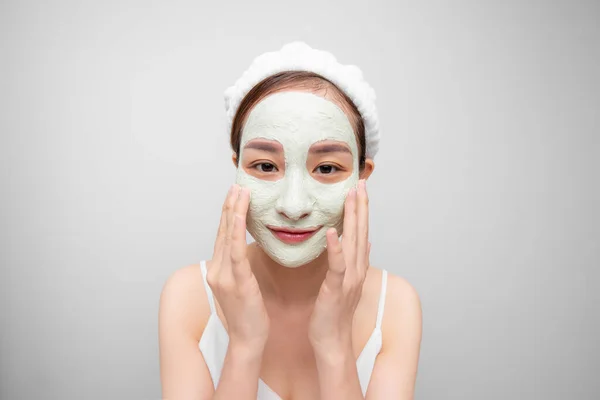 Portrait Young Asian Girl Clay Mask White Background — Stok Foto