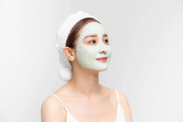 Portrait Beautiful Young Asian Woman Clay Mask Towns Her Hear — Stok Foto
