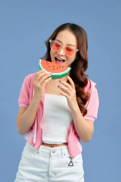 Pretty Young Asian Woman Juicy Watermelon Color Blue Background — Stock Photo, Image