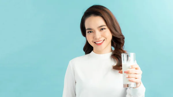 Young Woman Drink Glass Milk Female Happy Smile Isolated Blue — Stock Photo, Image