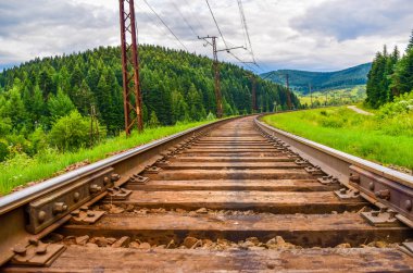 Demiryolu parça yakın çekim. Karpatlar, Ukrayna.