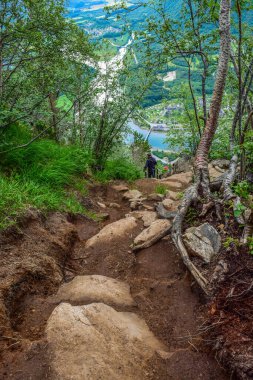 Rampestreken yürüyüşü. Romsdalsfjord (Romsdal Fjord) ve Andalsnes şehrinin Romsdalen Vadisi üzerinde 537 rakımlı Rampestreken Viewpoint 'e giden yol. Rauma Belediyesi, Norveç.