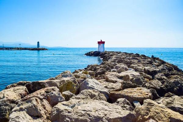 Two Lighthouses Located Rocks Breakwaters Protect Entrance Marina Summer Landscape — Stock Photo, Image