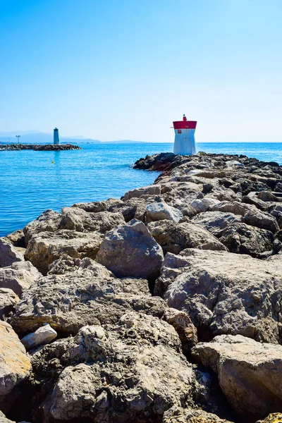 Two Lighthouses Located Rocks Breakwaters Protect Entrance Marina Summer Landscape — Stock Photo, Image