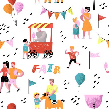 Yaz eğlence adil Seamless modeli. Eğlence Parkı karakter karikatür kişi ile. Aile çocuklar tatil arka plan duvar kağıdı, kumaş için. Vektör çizim