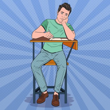 Pop Art tembel öğrenci sıkıcı Üniversitesi ders sırasında masaya oturuyor. Üniversitede yorgun yakışıklı adam. Eğitim kavramı. Vektör çizim
