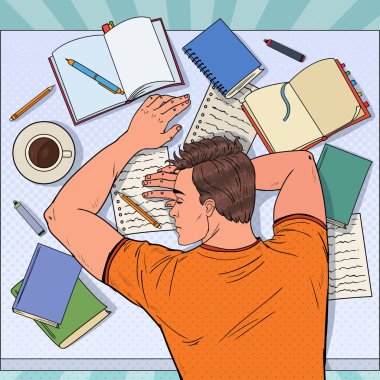 Pop Art erkek öğrenci ders kitapları ile masanın üstünde uyumak yorgun. Yorgun bir adam için sınav hazırlama. Vektör çizim