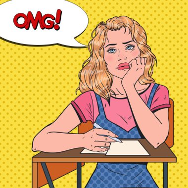 Pop Art tembel kız öğrenci sıkıcı Üniversitesi ders sırasında masaya oturuyor. Üniversitede güzel kadın yorgun. Eğitim kavramı. Vektör çizim