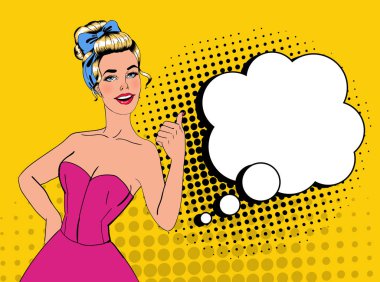 Başparmak tabela ile poz sanat güzel sarışın kadın pop. Neşeli kız komik konuşma balonu ile VINTAGE Poster. Afiş afiş reklam kadar pin. Vektör çizim