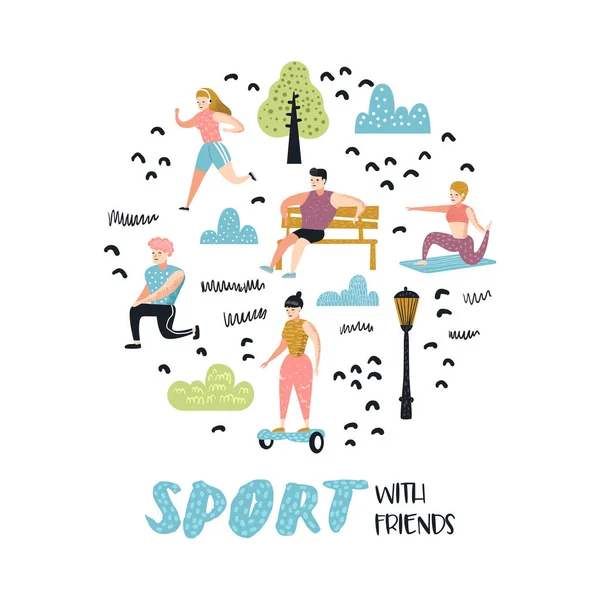 Summer Outdoor Sports Activities Active People Park Doodle Running Yoga — Stock Vector