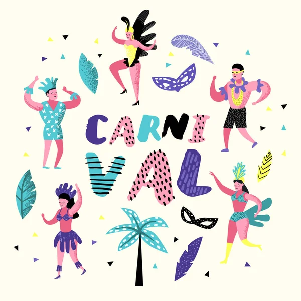 Carnevale Doodle Con Personaggi Ballerini Elementi Del Partito Masqeurade Con — Vettoriale Stock
