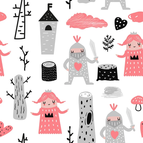 Hand Drawn Seamless Pattern Princess Knights Creative Childish Background Cute — Stock Vector