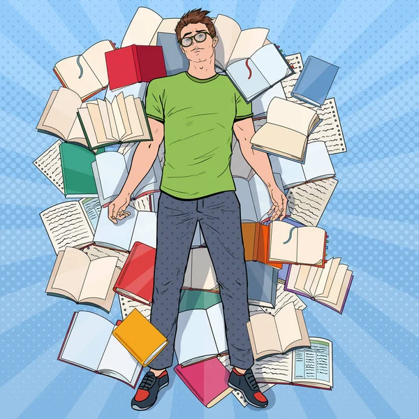 Pop Art Estudiante Exhausto Tumbado Suelo Entre Libros Hombre Joven — Vector de stock