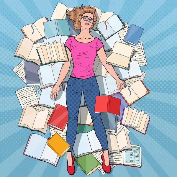 Popart Uitgeput Student Liggend Vloer Onder Boeken Overwerkt Jonge Vrouw — Stockvector