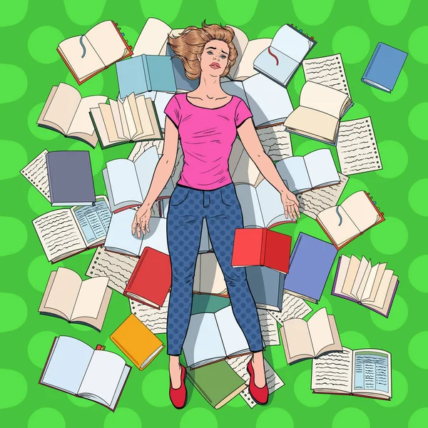 Pop Art Estudiante Exhausto Tumbado Suelo Entre Libros Mujer Joven — Vector de stock