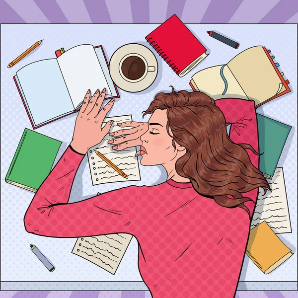 流行艺术疲惫的女学生睡在书桌上的教科书 疲倦的妇女准备考试 矢量插图 — 图库矢量图片
