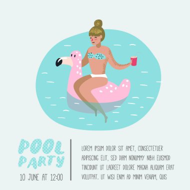 Havuz partisi Poster, afiş. Kadın Pembe Flamingo Yüzme, rahatlatıcı ile karakter, havuzda iyi eğlenceler. Yaz tatil Beach Resort. Vektör çizim