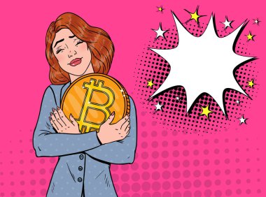 Pop sanat iş kadını büyük altın Bitcoin madeni para ile. Kripto para birimi kavramı. Sanal para reklam afişi. Vektör çizim