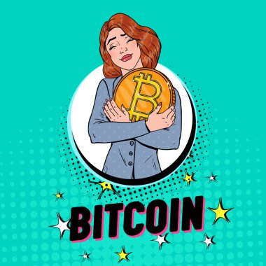Pop sanat iş kadını büyük altın Bitcoin madeni para ile. Kripto para birimi kavramı. Sanal para reklam afişi. Vektör çizim