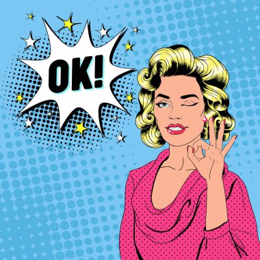 Göz kırpıyor ve gösterilen Tamam imzala sanat güzel kadın pop. Neşeli kız komik konuşma balonu ile VINTAGE Poster. Afiş afiş reklam kadar pin. Vektör çizim