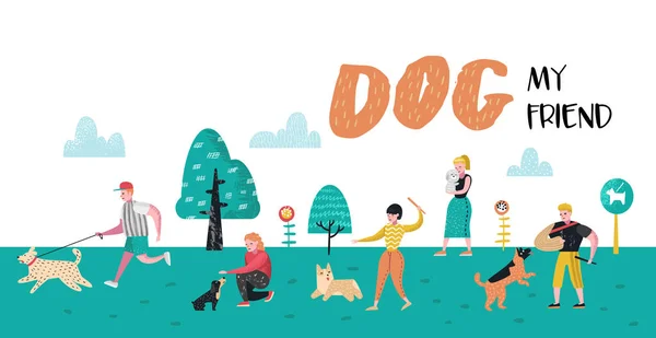 Les gens dressent des chiens dans le parc. Affiche pour chien, Banner. Personnages marchant dehors avec des animaux de compagnie. Illustration vectorielle — Image vectorielle