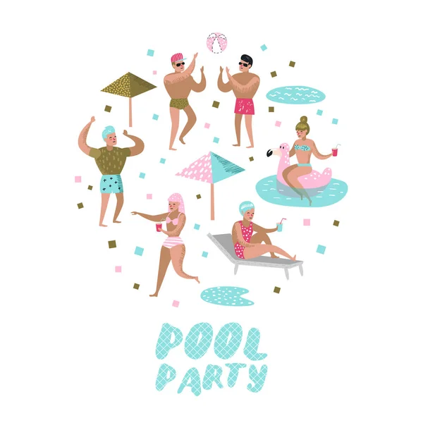 Πισίνα πάρτυ Doodle. Χαρακτήρες άνθρωποι κολύμπι, χαλάρωση, να διασκεδάσουν στην πισίνα. Καλοκαίρι διακοπές στο παραθαλάσσιο θέρετρο. Εικονογράφηση διάνυσμα — Διανυσματικό Αρχείο
