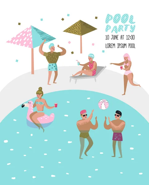 Pool Party plakát, transzparens. Karakterek emberek medence, pihentető, jó szórakozást a medencében. Nyári vakáció Beach Resort. Vektoros illusztráció — Stock Vector