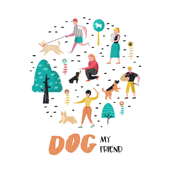 Personas entrenando perros en el parque. Dog Doodle. Personajes caminando afuera con mascotas. Ilustración vectorial — Archivo Imágenes Vectoriales