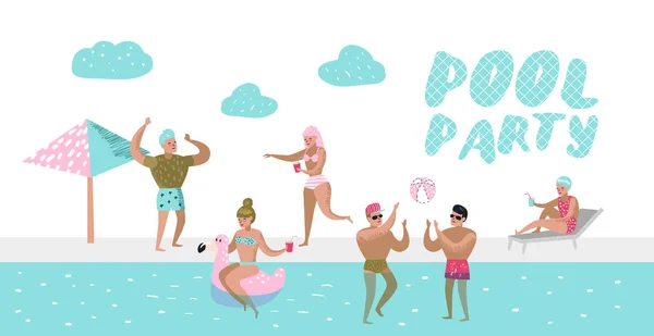 Плакат вечеринки у бассейна, Бэннер. Персонажи люди плавают, расслабляются, весело провести время в бассейне. Летние каникулы в Beach Resort. Векторная иллюстрация — стоковый вектор