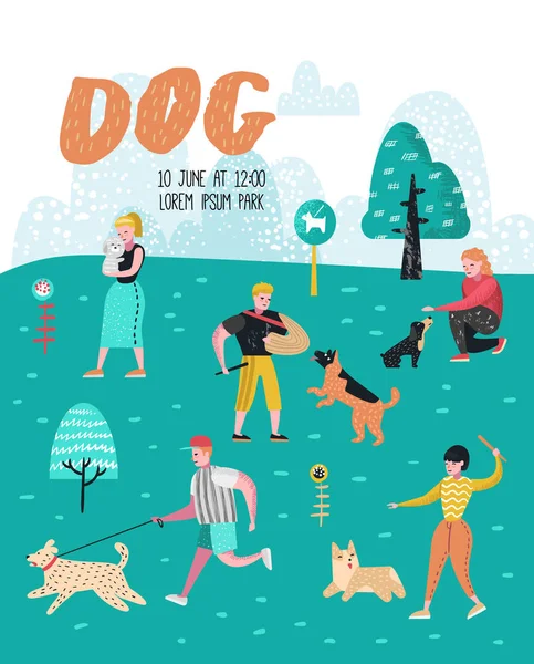 Emberek képzés kutyák a parkban. Kutya plakát, transzparens. Karakterek gyaloglás kívül a kedvtelésből tartott állatok. Vektoros illusztráció — Stock Vector