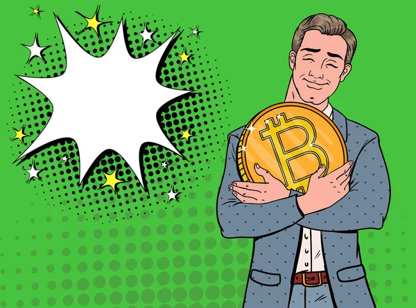 Pop Art Homme d'affaires avec Big Golden Bitcoin Coin. Crypto Monnaie Concept. Affiche de publicité monétaire virtuelle. Illustration vectorielle — Image vectorielle