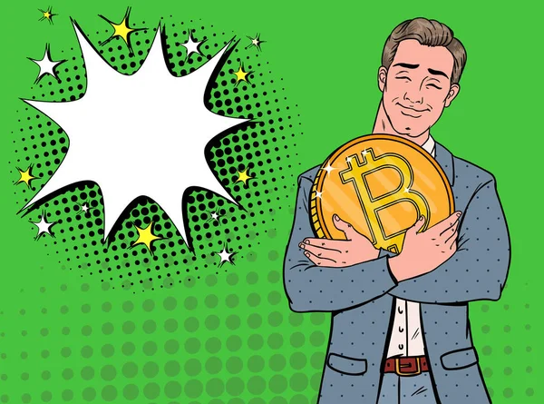 Pop Art επιχειρηματίας με μεγάλο χρυσό νόμισμα Bitcoin. Κρυπτό νόμισμα έννοια. Διαφήμιση αφίσα εικονικά χρήματα. Εικονογράφηση διάνυσμα — Διανυσματικό Αρχείο