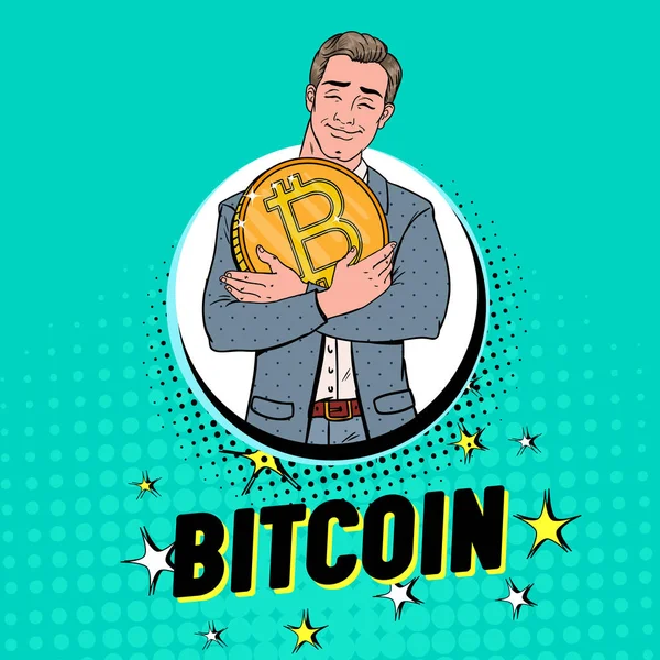 Pop-Art-Unternehmer mit großer goldener Bitcoin-Münze. Kryptowährungskonzept. Werbeplakat für virtuelles Geld. Vektorillustration — Stockvektor