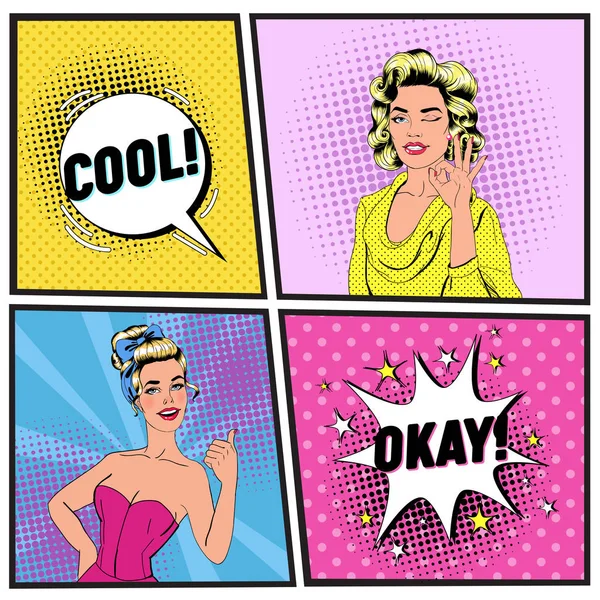 Pop Art Beautiful Woman Winking and Showing Sign OK. Gadis yang gembira Menampilkan Thumb Up. Vintage Poster dengan Bubble Pidato Komik. Pin Up Advertising Placard Banner. Ilustrasi vektor - Stok Vektor