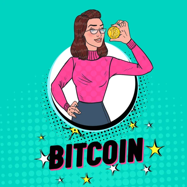 Pop Art Pretty Woman segurando moedas de ouro Bitcoin. Conceito de moeda criptografada. Cartaz de publicidade de dinheiro virtual. Ilustração vetorial —  Vetores de Stock
