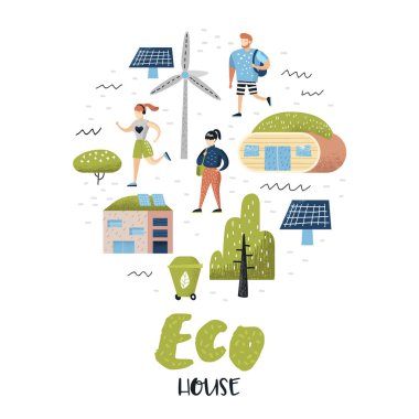 Yeşil şehir kavramı. Çevre koruma. Eco House gelecekteki teknolojileri gezegenin korunması için. Alternatif enerji ekoloji arka plan. Vektör çizim