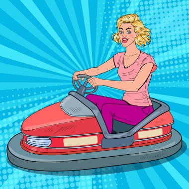 Pop sanat neşeli kadın Eğlence Fuarı'nda çarpışan araba sürme. Kız eğlence parkı elektrikli araba. Vektör çizim