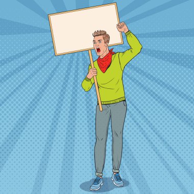 Pop Art kızgın adam boş afiş ile Picket protesto. Grev ve protesto kavramı. Gösteri üstünde bağıran adam. Vektör çizim