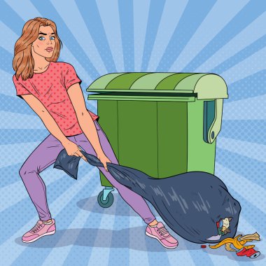 Çöp torbası tutan sanat genç kadın pop. Kokmuş çöp torbası olan kız. Vektör çizim