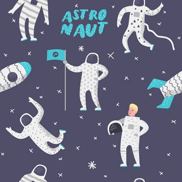 De tekens van de astronaut met sterretjes en zwarte raket naadloze patroon. Kosmonaut in ruimte en ruimteschip achtergrond. Vectorillustratie — Stockvector