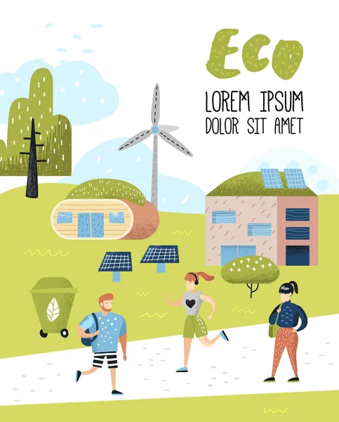 Green Town Poster. Conservação do ambiente. Eco House Future Technologies For Preservation of the Planet (em inglês). Fundo de Ecologia de Energia Alternativa. Ilustração vetorial — Vetor de Stock