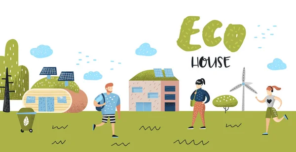 Grön stad affisch. Miljöskydd. Eco House framtida teknik för bevarandet av planeten. Alternativ energi ekologi bakgrund. Vektorillustration — Stock vektor