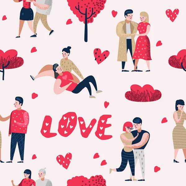 Pár a szerelem Cartoon karaktereket emberek Seamless Pattern. Valentin-nap háttér szívvel és romantikus elemek. Szerelem és romantika fogalom. Vektoros illusztráció — Stock Vector