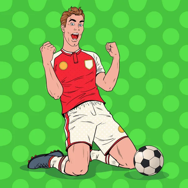 Giocatore di calcio pop art che celebra l'obiettivo. Buon calciatore, Sport Concept. Illustrazione vettoriale — Vettoriale Stock