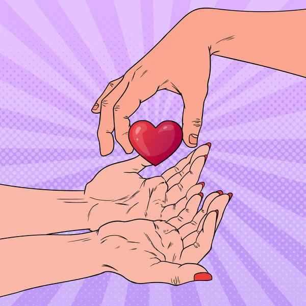 Pop Art välgörenhet Organ Donation koncept. Hand att ge hjärtat. Hälsovård, medicin. Vektorillustration — Stock vektor