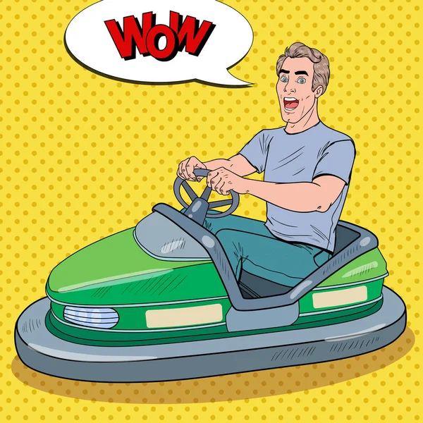 Pop Art Excited Man Riding Bumber Car di Fun Fair. Guy di Dodgem di Amusement Park. Ilustrasi vektor - Stok Vektor