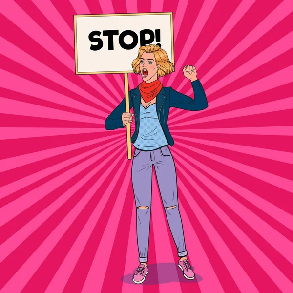 Pop Art Angry Woman Protesting on the Picket with Stop Banner. Strike and Protest Concept. Girl Shouting on Demonstration. Vector illustration — Stock Vector