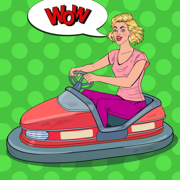 Pop Art Joyful Woman Riding Bumper Car à Fun Fair. Fille en voiture électrique au parc d'attractions. Illustration vectorielle — Image vectorielle