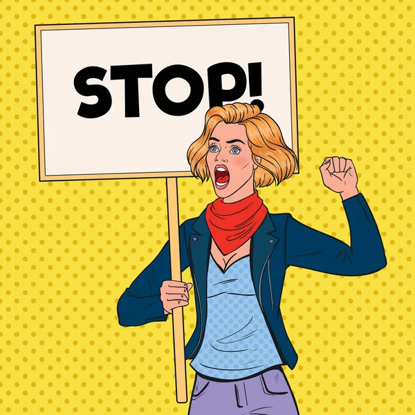 Pop Art Mulher irritada protestando no Picket com Stop Banner. Conceito de Greve e Protesto. Menina gritando em demonstração. Ilustração vetorial —  Vetores de Stock