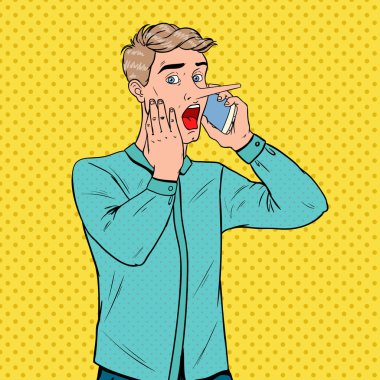 Pop Art Shocked Man with Long Nose Talking on Smartphone. Fake News Concept. Vector illustration clipart